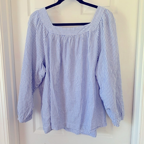Terra & Sky Top Women 1X Blue White Stripe Blouse Square Neck Long Sleeve Cotton - Picture 2 of 4
